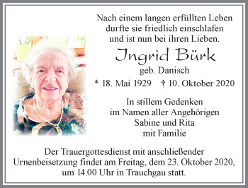 Traueranzeige von Ingrid Bürk von Allgäuer Zeitung, Füssen
