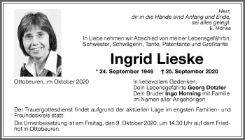 Traueranzeige von Ingrid Lieske von Memminger Zeitung
