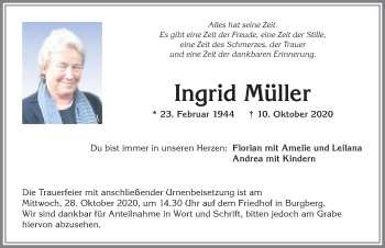 Traueranzeige von Ingrid Müller von Allgäuer Anzeigeblatt