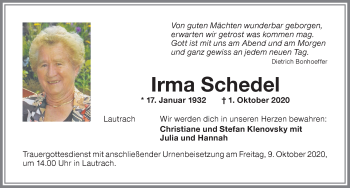Traueranzeige von Irma Schedel von Memminger Zeitung