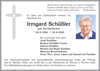 Traueranzeige von Irmgard Schüßler von Allgäuer Anzeigeblatt