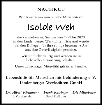 Traueranzeige von Isolde Weh von Der Westallgäuer