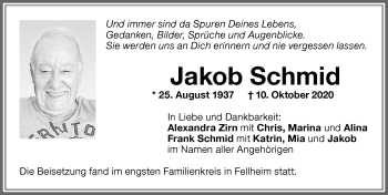 Traueranzeige von Jakob Schmid von Memminger Zeitung