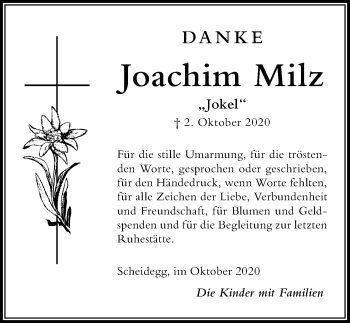 Traueranzeige von Joachim Milz von Der Westallgäuer