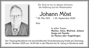 Traueranzeige von Johann Möst von Allgäuer Zeitung, Füssen