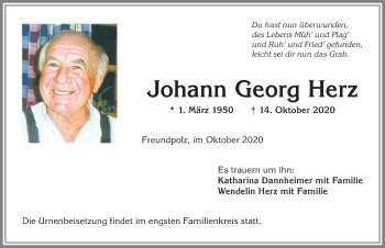 Traueranzeige von Johann Georg Herz von Allgäuer Anzeigeblatt