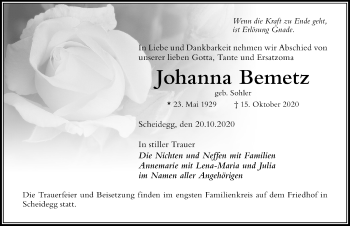 Traueranzeige von Johanna Bemetz von Der Westallgäuer