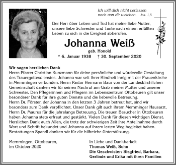Traueranzeige von Johanna Weiß von Memminger Zeitung