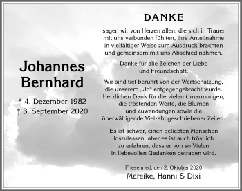 Traueranzeige von Johannes Bernhard von Allgäuer Zeitung, Kaufbeuren/Buchloe