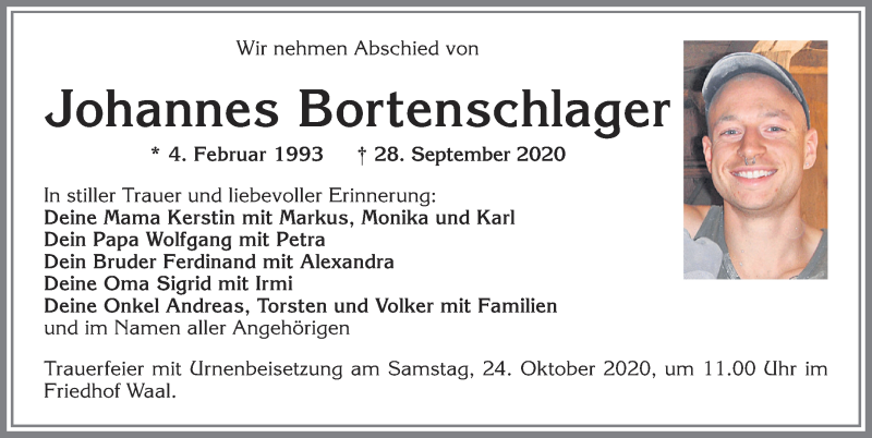  Traueranzeige für Johannes Bortenschlager vom 19.10.2020 aus Allgäuer Zeitung, Kaufbeuren/Buchloe
