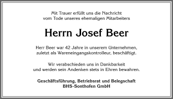 Traueranzeige von Josef Beer von Allgäuer Anzeigeblatt