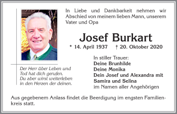 Traueranzeige von Josef Burkart von Allgäuer Zeitung,Kempten