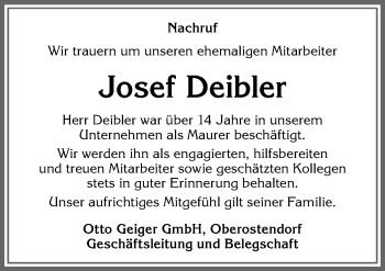 Traueranzeige von Josef Deibler von Allgäuer Zeitung, Kaufbeuren/Buchloe