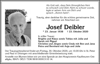 Traueranzeige von Josef Deibler von Allgäuer Zeitung, Kaufbeuren/Buchloe