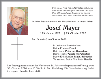 Traueranzeige von Josef Mayer von Allgäuer Anzeigeblatt