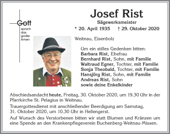 Traueranzeige von Josef Rist von Allgäuer Zeitung