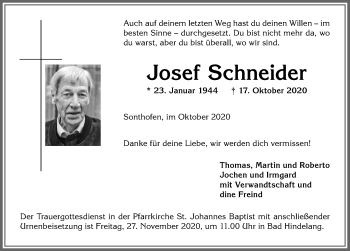 Traueranzeige von Josef Schneider von Allgäuer Anzeigeblatt
