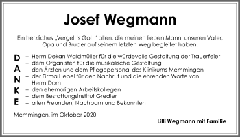 Traueranzeige von Josef Wegmann von Memminger Zeitung
