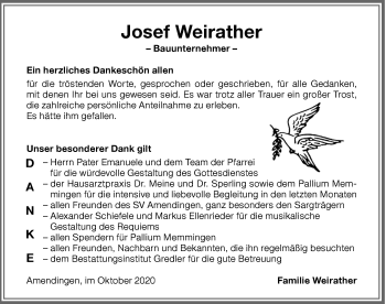 Traueranzeige von Josef Weirather von Memminger Zeitung