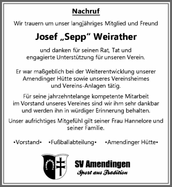 Traueranzeige von Josef Weirather von Memminger Zeitung
