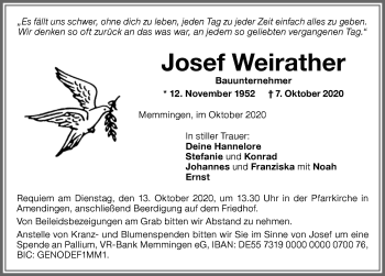 Traueranzeige von Josef Weirather von Memminger Zeitung