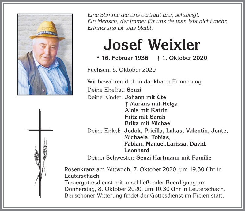  Traueranzeige für Josef Weixler vom 06.10.2020 aus Allgäuer Zeitung, Marktoberdorf