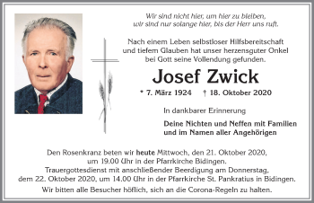 Traueranzeige von Josef Zwick von Allgäuer Zeitung
