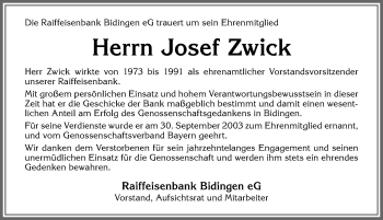 Traueranzeige von Josef Zwick von Allgäuer Zeitung, Marktoberdorf