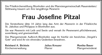 Traueranzeige von Josefine Pitzal von Allgäuer Zeitung, Kaufbeuren/Buchloe
