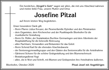 Traueranzeige von Josefine Pitzal von Allgäuer Zeitung, Kaufbeuren/Buchloe