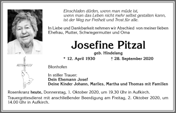Traueranzeige von Josefine Pitzal von Allgäuer Zeitung, Kaufbeuren/Buchloe