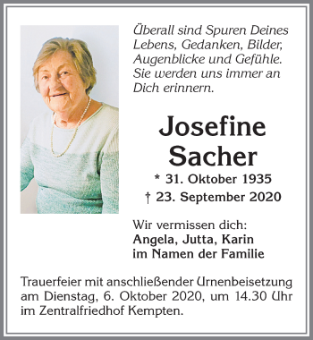 Traueranzeige von Josefine Sacher von Allgäuer Zeitung,Kempten