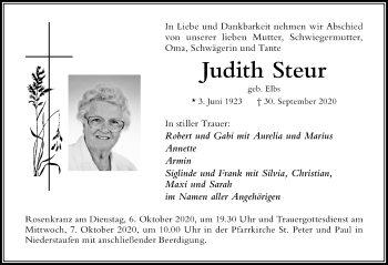Traueranzeige von Judith Steur von Der Westallgäuer