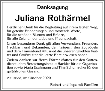 Traueranzeige von Juliana Rothärmel von Allgäuer Zeitung,Kempten