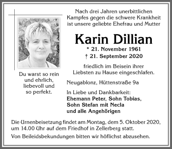 Traueranzeige von Karin Dillian von Allgäuer Zeitung, Kaufbeuren/Buchloe
