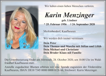 Traueranzeige von Karin Menzinger von Allgäuer Zeitung