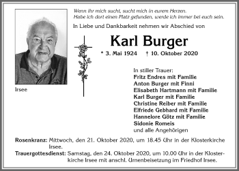 Traueranzeige von Karl Burger von Allgäuer Zeitung, Kaufbeuren/Buchloe