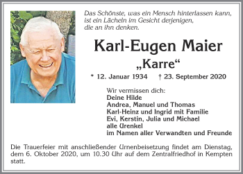 Traueranzeige von Karl-Eugen Maier von Allgäuer Zeitung,Kempten