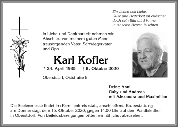 Traueranzeige von Karl Kofler von Allgäuer Anzeigeblatt