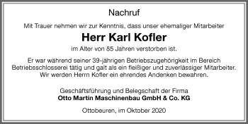 Traueranzeige von Karl Kofler von Allgäuer Anzeigeblatt
