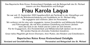 Traueranzeige von Karola Laqua von Allgäuer Zeitung, Füssen