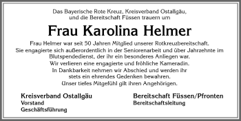 Traueranzeige von Karolina Helmer von Allgäuer Zeitung, Füssen