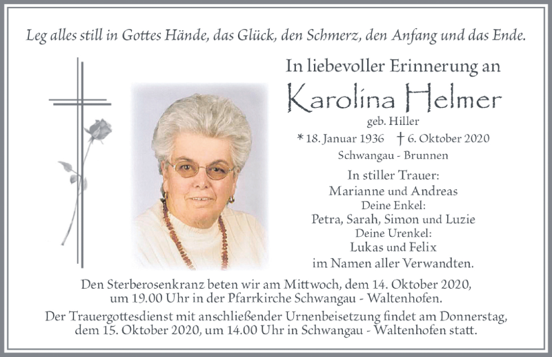  Traueranzeige für Karolina Helmer vom 10.10.2020 aus Allgäuer Zeitung, Füssen