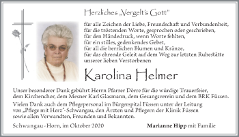 Traueranzeige von Karolina Helmer von Allgäuer Zeitung, Füssen