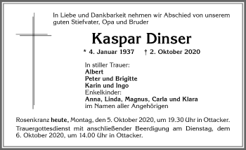 Traueranzeige von Kaspar Dinser von Allgäuer Zeitung
