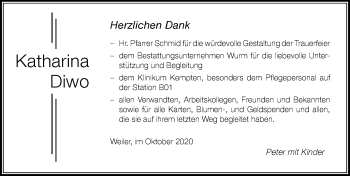 Traueranzeige von Katharina Diwo von Der Westallgäuer