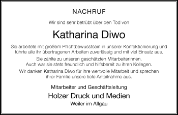 Traueranzeige von Katharina Diwo von Der Westallgäuer