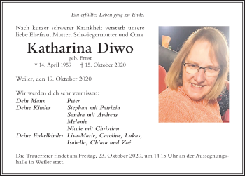 Traueranzeige von Katharina Diwo von Der Westallgäuer