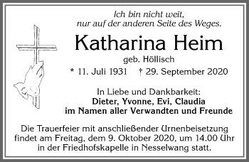 Traueranzeige von Katharina Heim von Allgäuer Zeitung, Füssen