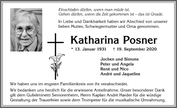 Traueranzeige von Katharina Posner von Allgäuer Zeitung, Marktoberdorf